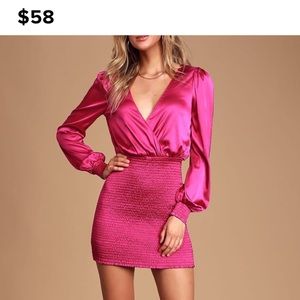 🆕 Lulu’s Magenta Satin Smocked Mini Dress